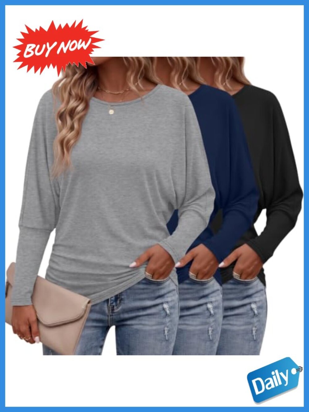 3 Pack Women's Dolman Sleeve Tops Crew Neck Long Sleeve Pullover